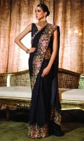 Addah: This sophisticated yet festive design Addah is a pure black chiffon saree set that embodies femininity and grace like none other. It is hand-embellished with our finest sequins, eloquent beads, original Swarovski crystals, striking stones and elegant French knots. The stunning saree comes with a Raw Silk blouse.  6.5 meters Pure Crinkle Chiffon 1.5 meters Rawsilk Blouse 