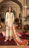Shirt Front & Back:  Embroidered Lawn  Sleeves:  Embroidered Lawn  Dupatta:  Digital Printed Chiffon  Neckline Lace:  Embroidered Organza  Sleeves Lace:  Embroidered Organza  Trouser Lace:  Embroidered Organza  Trouser:  Dyed Cambric
