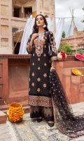 Shirt Front & Back:  Embroidered Lawn  Sleeves:  Embroidered Lawn  Dupatta:  Embroidered Net  Front & Back Lace:  Embroidered Organza  Sleeves Lace:  Embroidered Organza  Trouser Lace:  Embroidered Organza  Trouser:  Dyed Cambric