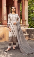 Shirt Front & Back:  Embroidered Lawn  Sleeves:  Embroidered Lawn  Dupatta:  Embroidered Chiffon  Front & Back Lace:  Embroidered Organza  Sleeves Lace:  Embroidered Organza  Trouser Lace:  Embroidered Organza  Trouser:  Dyed Cambric