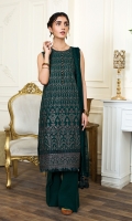 Shirt front & back  Embroidered Lawn  Sleeves  Embroidered Lawn  Dupatta  Embroidered Chiffon  Front & Back lace  Embroidered Organza  Sleeves Lace  Embroidered Organza  Trouser Lace  Embroidered Organza  Trouser  Dyes Cambric