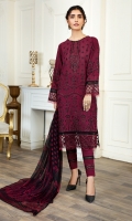 Shirt front & back  Embroidered Lawn  Sleeves  Embroidered Lawn  Dupatta  Printed Chiffon  Front & Back lace  Sequins Embroidered Organza  Trouser Lace  Sequins Embroidered Organza  Trouser  Dyes Cambric