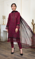 Shirt front & back  Embroidered Lawn  Sleeves  Embroidered Lawn  Dupatta  Printed Chiffon  Front & Back lace  Sequins Embroidered Organza  Trouser Lace  Sequins Embroidered Organza  Trouser  Dyes Cambric