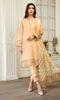 Shirt front & back  Sequins Embroidered Lawn  Neckline  Embroidered Organza  Sleeves  Sequins Embroidered Lawn  Dupatta  Jamawar  Organza Pallu 2 sides  Front & Back lace  Embroidered Organza  Sleeves Lace  Embroidered Organza  Trouser Lace  Embroidered Organza  Trouser  Dyes Cambric