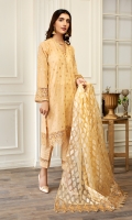 Shirt front & back  Sequins Embroidered Lawn  Neckline  Embroidered Organza  Sleeves  Sequins Embroidered Lawn  Dupatta  Jamawar  Organza Pallu 2 sides  Front & Back lace  Embroidered Organza  Sleeves Lace  Embroidered Organza  Trouser Lace  Embroidered Organza  Trouser  Dyes Cambric
