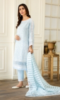 Shirt front & back  Embroidered Lawn  Sleeves  Embroidered Lawn  Dupatta  Embroidered Organza  Front & Back lace  Embroidered Organza  Sleeves Lace  Embroidered Organza  Trouser Lace  Embroidered Organza  Trouser  Dyes Cambric