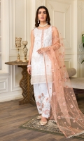 Shirt front & back  Embroidered Lawn  Neckline  Embroidered Organza  Sleeves  Embroidered Lawn  Dupatta  Embroidered Net  Front & Back lace  Embroidered Organza  Sleeves Lace  Embroidered Organza  Trouser  Embroidered Cambric