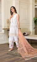 Shirt front & back  Embroidered Lawn  Neckline  Embroidered Organza  Sleeves  Embroidered Lawn  Dupatta  Embroidered Net  Front & Back lace  Embroidered Organza  Sleeves Lace  Embroidered Organza  Trouser  Embroidered Cambric