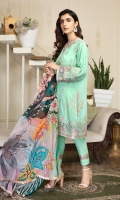 Shirt front & back  Sequins Embroidered Lawn  Sequins Embroidered Kalli  Sleeves  Sequins Embroidered Lawn  Dupatta  Printed Chiffon  Front & Back lace  Sequins Embroidered Organza  Trouser Lace  Sequins Embroidered Organza  Trouser  Dyes Cambric