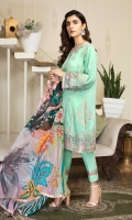 Shirt front & back  Sequins Embroidered Lawn  Sequins Embroidered Kalli  Sleeves  Sequins Embroidered Lawn  Dupatta  Printed Chiffon  Front & Back lace  Sequins Embroidered Organza  Trouser Lace  Sequins Embroidered Organza  Trouser  Dyes Cambric