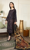 Shirt front & back  Embroidered Lawn  Sleeves  Embroidered Lawn  Dupatta  Printed Masuri  Front & Back lace  Embroidered Organza  Sleeves Lace  Embroidered Organza  Trouser  Dyes Cambric