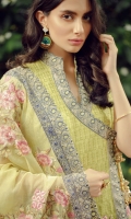 Woven Embroidered Self Jacquard Front 1.25m Woven Self Jacquard Back 1.25m Woven Embroidered Self Jacquard Sleeves 0.75m Cotton Trousers 2.5m Embroidered Cotton Net Dupatta Embroidered Daman Border Embroidered Daman Border  Embroidered Neck Border  Embroidered Sleeves Border  Embroidered Trousers Border  Luxuriously sprinkled with embroidery teamed with a fully Embroidered Cotton Net Dupatta enhances the whole look of this outfit. Exuding elegance this one’s a thing of beauty.