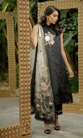 Self Embroidered Front 1.25m Self Embroidered Sleeves 0.75m  Lawn Back 2.5m Cotton Trousers 2.5m Digital Printed Pure Silk Dupatta  Embroidered Daman Patch Embroidered Neck Patch  Embroidered Sleeves Border Embroidered Neck Border  Embroidered Trousers Motif Embroidered Birds Motif Navy Self Embroidered Front makes this one a power suit with the added  Daman and neck Patch. This comes out to be an interesting amalgamation of print and colours.