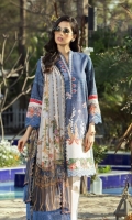 Digital Print Lawn Front & Back  Digital Print Lawn Sleeves  Embroidered Sleeves Border  Embroidered Neck Border  Embroidered Trousers Border  Digital Print Border  Digital Print Chiﬀon Dupatta  Dyed Cotton Trousers
