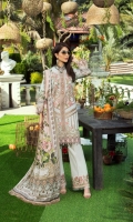 Embroidered Lawn Front  Embroidered Lawn Side Panels  Digital Print Lawn Sleeves  Digital Print Lawn Back  Embroidered Daman Border  Digital Print Trousers Border  Dyed Cotton Trousers  Digital Print Silk Dupatta
