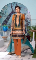 Digital and Embroidered Lawn Front  Digital Printed Lawn Back   Digital Printed Chiffon Dupatta  Dyed Cotton Trouser 