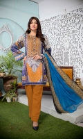 Digital and Embroidered Lawn Front  Digital Printed Lawn Back   Digital Printed Chiffon Dupatta  Dyed Cotton Trouser 