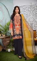Digital and Embroidered Lawn Front  Digital Printed Lawn Back   Digital Printed Chiffon Dupatta  Dyed Cotton Trouser 