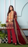 Digital and Embroidered Lawn Front  Digital Printed Lawn Back   Digital Printed Chiffon Dupatta  Dyed Cotton Trouser 