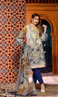 Digital Printed & Embroidered Lawn Front  Digital Printed Lawn Back  Digital Printed Lawn Sleeves  Digital Printed Chiffon Dupatta  Dyed Cotton Trouser