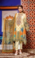 Digital Printed & Embroidered Lawn Front  Digital Printed Lawn Back  Digital Printed Lawn Sleeves  Digital Printed Chiffon Dupatta  Dyed Cotton Trouser
