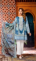 Digital Printed & Embroidered Lawn Front  Digital Printed Lawn Back  Digital Printed Lawn Sleeves  Digital Printed Chiffon Dupatta  Dyed Cotton Trouser