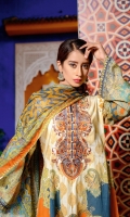 Digital Printed & Embroidered Lawn Front  Digital Printed Lawn Back  Digital Printed Lawn Sleeves  Digital Printed Chiffon Dupatta  Dyed Cotton Trouser