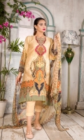 Front Digital embroidered Karandi Back and sleeves digital printed Digital Embroidered Side Scalloped Dupatta chiffon Dyed Karandi Trouser