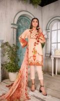 Front Digital embroidered Karandi Back and sleeves digital printed Digital Embroidered Side Scalloped Dupatta chiffon Dyed Karandi Trouser