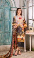 Front Digital embroidered Karandi Back and sleeves digital printed Digital Embroidered Side Scalloped Dupatta chiffon Dyed Karandi Trouser