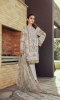 Front Embroidered with digital Printed Back And sleeves Digital printed Digital Printed With side scalloped Embroidery Chiffon Dupatta Dyed Cotton Trouser