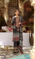 Digital printed and Embroidered Lawn Front Digital Printed Lawn Back Digital Printed Lawn Sleeves Digital Printed Chiffon Dupatta Dyed Cotton Trouser With Embroidered Patch