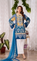 Digital and Embroidered Lawn Front  Digital Printed  Lawn Back   Digital Printed Chiffon Dupatta  Dyed Cotton Trouser 