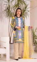 Digital and Embroidered Lawn Front  Digital Printed Lawn Back   Digital Printed Chiffon Dupatta  Dyed Cotton Trouser 