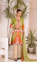 Digital and Embroidered Lawn Front  Digital Printed Lawn Back   Digital Printed Chiffon Dupatta  Dyed Cotton Trouser 