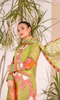 Digital and Embroidered Lawn Front  Digital Printed Lawn Back   Digital Printed Chiffon Dupatta  Dyed Cotton Trouser 