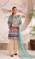 Digital and Embroidered Lawn Front  Digital Printed Lawn Back   Digital Printed Chiffon Dupatta  Dyed Cotton Trouser 
