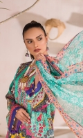Digital and Embroidered Lawn Front  Digital Printed Lawn Back   Digital Printed Chiffon Dupatta  Dyed Cotton Trouser 