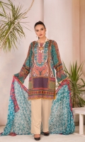 Digital and Embroidered Lawn Front  Digital Printed Lawn Back   Digital Printed Chiffon Dupatta  Dyed Cotton Trouser 