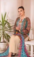 Digital and Embroidered Lawn Front  Digital Printed Lawn Back   Digital Printed Chiffon Dupatta  Dyed Cotton Trouser 