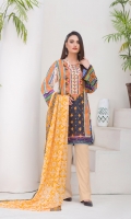 Digital and Embroidered Lawn Front  Digital Printed Lawn Back   Digital Printed Chiffon Dupatta  Dyed Cotton Trouser 