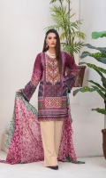 Digital and Embroidered Lawn Front  Digital Printed Lawn Back   Digital Printed Chiffon Dupatta  Dyed Cotton Trouser 