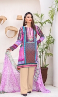 Digital and Embroidered Lawn Front  Digital Printed Lawn Back   Digital Printed Chiffon Dupatta  Dyed Cotton Trouser 
