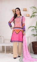 Digital and Embroidered Lawn Front  Digital Printed Lawn Back   Digital Printed Chiffon Dupatta  Dyed Cotton Trouser 
