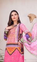 Digital and Embroidered Lawn Front  Digital Printed Lawn Back   Digital Printed Chiffon Dupatta  Dyed Cotton Trouser 