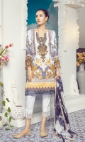Digital Printed Embroidered Front – 1.25 M Digital Printed Back – 1.25 M Digital Printed Sleeves – 0.66 M Digital Printed Chiffon Dupatta – 2.5 M Dyed Cambric Trouser – 2.5 M Front Neck – 1 PC Sleeves Border – 1.10 M