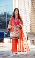 Digital Printed & Embroidered Lawn Front  Digital Printed Lawn Back  Digital Printed Lawn Sleeves  Schiffli Embroidered Chiffon Dupatta  Dyed Plan Cotton trouser