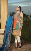 Digital and Embroidered Lawn Front  Digital Printed  Lawn Back   Digital Printed Chiffon Dupatta  Dyed Cotton Trouser