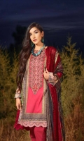 Digital and Embroidered Lawn Front  Digital Printed  Lawn Back   Digital Printed Chiffon Dupatta  Dyed Cotton Trouser