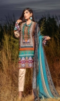 Digital and Embroidered Lawn Front  Digital Printed  Lawn Back   Digital Printed Chiffon Dupatta  Dyed Cotton Trouser
